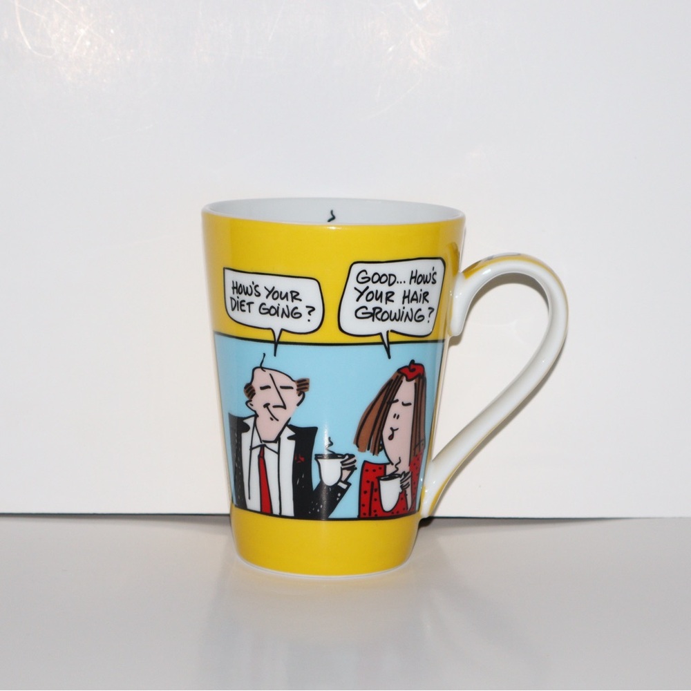 Yellow Cartoon Mug Emerson Designs 12 OZ Coffee Cup Morning Routine Funny Office